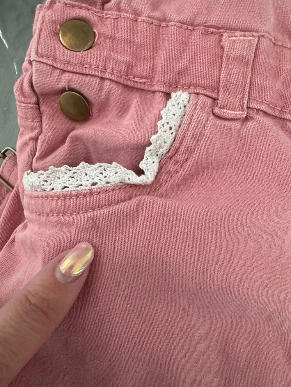 Girls Pink Floral Embroidered Denim Overalls Lace Trim Adjustable Straps Size 6